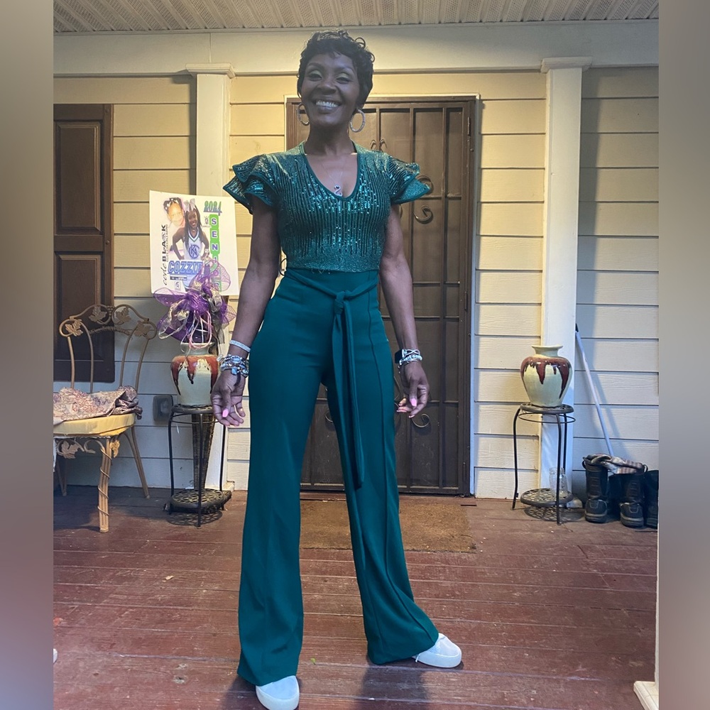 Ruffle Sleeve Sequin Wide leg belted jumpsuit romper